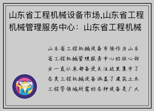 山东省工程机械设备市场,山东省工程机械管理服务中心：山东省工程机械设备市场探秘